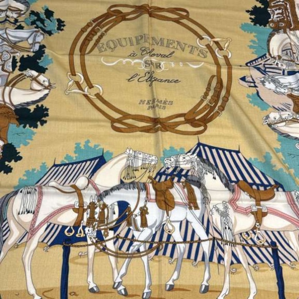 Hermès Yellow Equipements à Cheval Silk Scarf 140